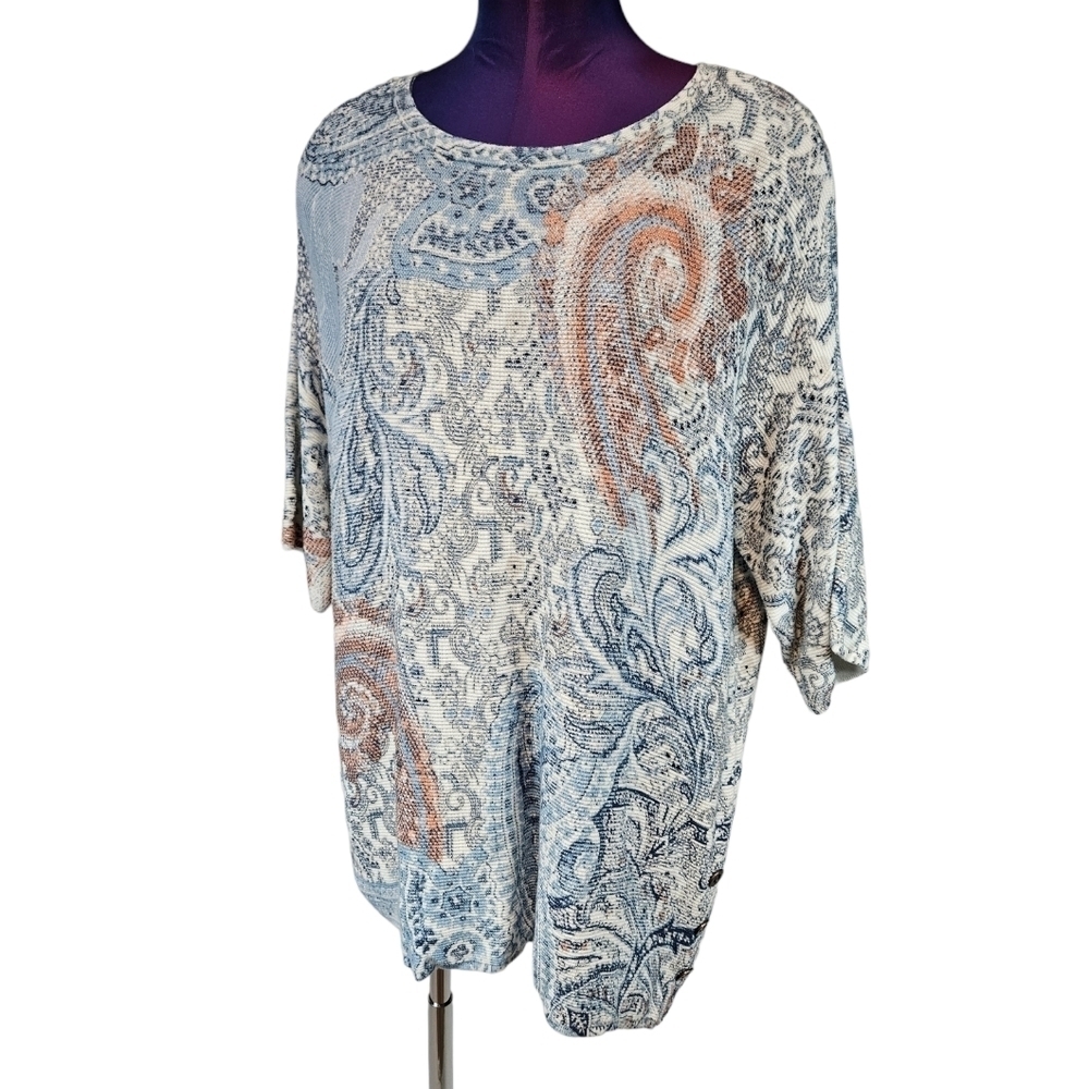 Chico's Blue & Rust Paisley Fall Foulard Boat Neck Pullover Size 2X Women's L72